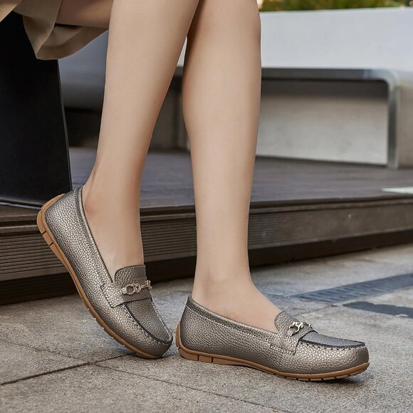 Kordal Women's MetallicLeather Gold Accent Buckle Slip-Ons Walking Flats Loafers - Picture 7 of 9